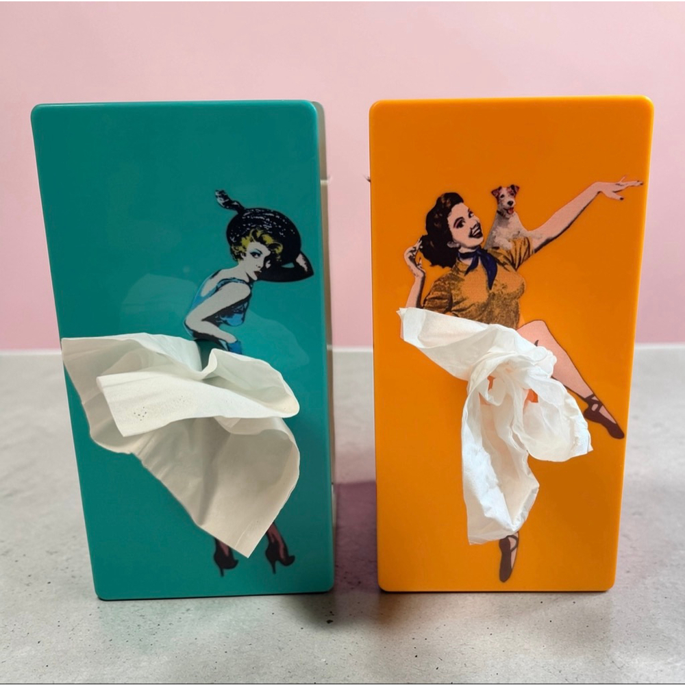 Retro Pin Up Girl Flying Skirt Tissue Box Dispenser Wall Mount Set Orange Teal
